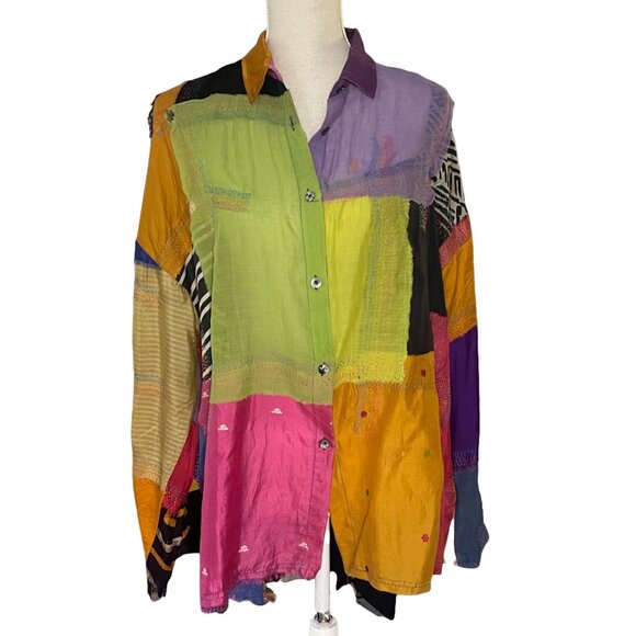 NWT Mieko Mintz Mosaic Tile Patch Kantha Camp Shirt O/S lagenlook button up - Picture 1 of 10